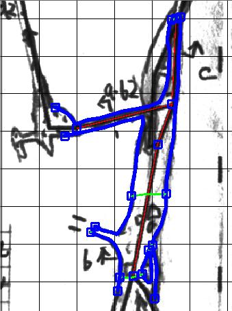 The image has been loaded into the background workspace of Tunnel and then traced in the editor. The red lines are the centreline and the blue lines are the walls of the passage.