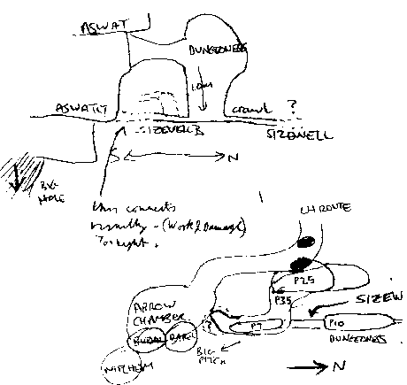 [elevation and plan showing dungeness coming from below afwat and connection back to afwatit - later shown to be a visual connection only (wook & damage)]